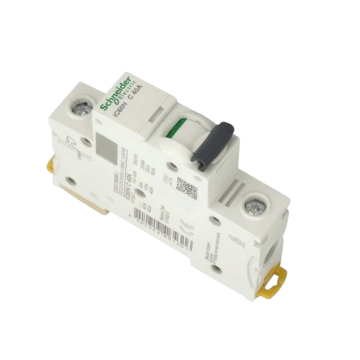 Schneider ICB301 C 63A modular circuit breaker with a white plastic housing, black switch handle, green Schneider logo, and yellow terminal caps, shown on a white background.