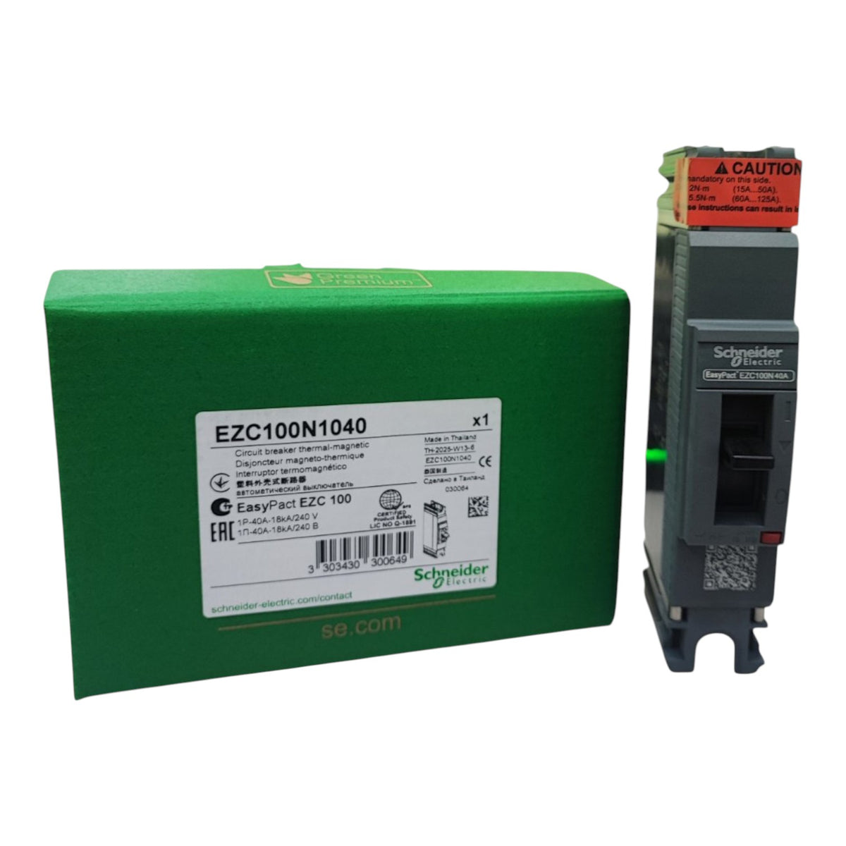 Schneider Electric EZC 100N1040 circuit breaker shown next to its green retail packaging box on a white background.