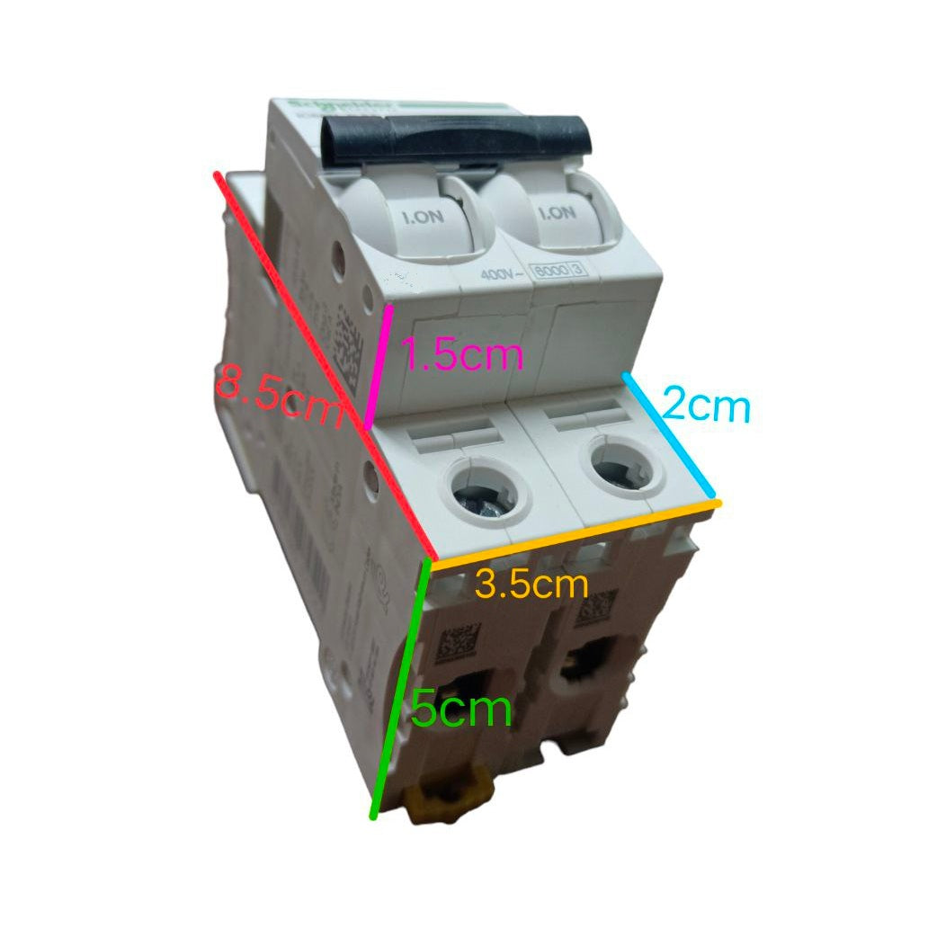 Schneider Miniature Circuit Breaker 40A 2 Pole with labeled dimensions for easy identification