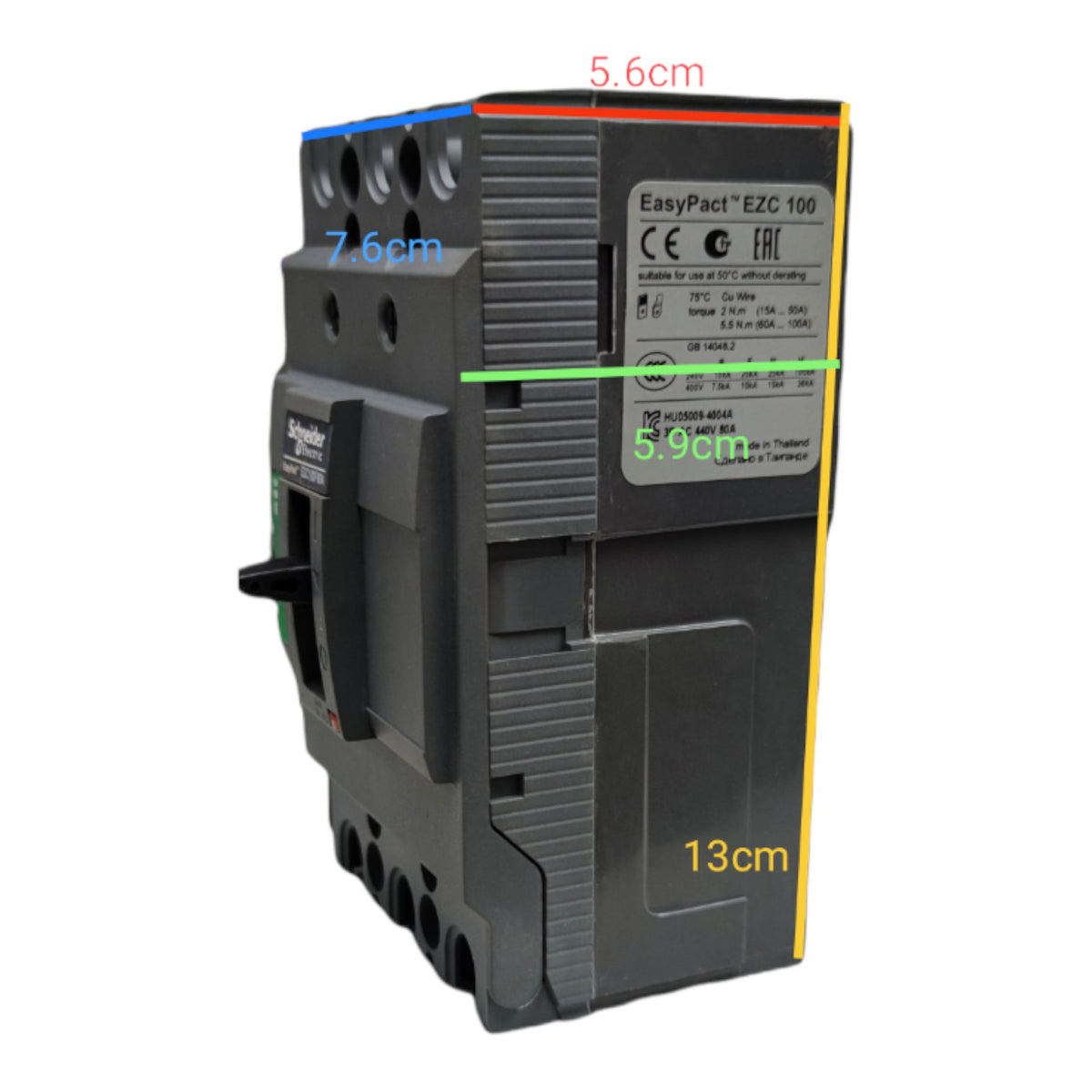A compact modular electrical contactor shown on a plain white background with red, blue, green, and yellow dimension lines and text labels indicating measurements.