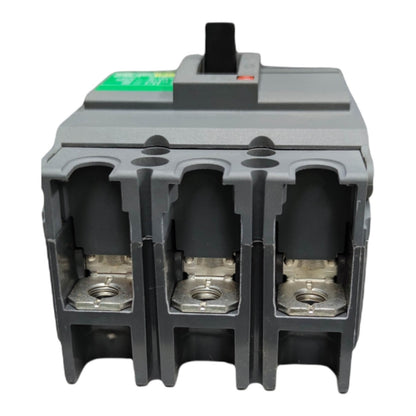 A three-phase industrial circuit breaker with a gray plastic housing, three open terminal compartments showing metal contacts, and a black top handle, isolated on a white background.