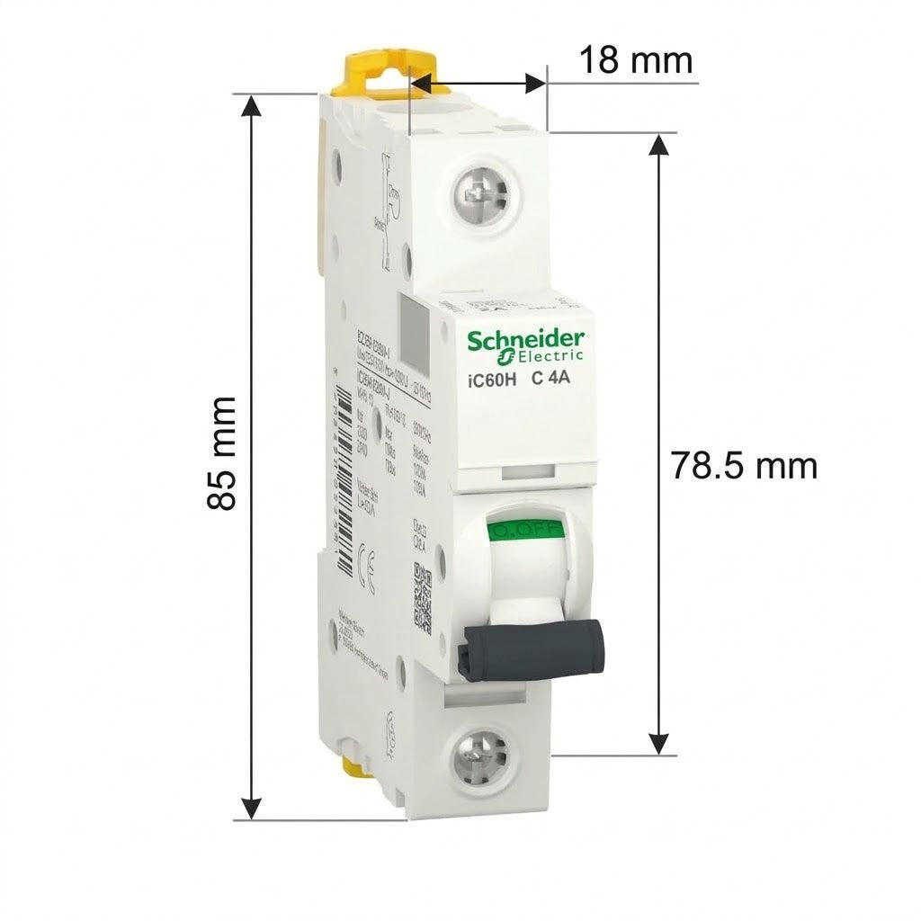 Schneider Electric IC60H C 4A modular circuit breaker with dimension annotations showing 85 mm total height, 78.5 mm front height, and 18 mm top mounting space on a white background.