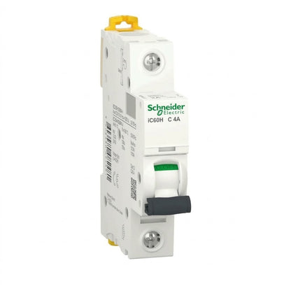 Schneider Electric IC60H C-4A modular circuit breaker, white plastic housing with a yellow top terminal, green brand logo, and a black switch handle, shown on a white background.