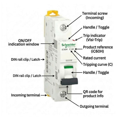 Schneider Electric IC60H C-40 modular circuit breaker with callout labels pointing to various parts such as terminal screw, handle, trip indicator, and incoming/outgoing terminals on a white background.