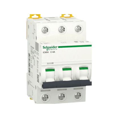 Schneider Electric industrial circuit breaker module, model IC60H C 4A, featuring a white plastic housing with green accents, three green-labeled switch handles, and yellow terminal caps on a white background.