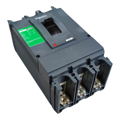 Schneider Electric industrial contactor module in dark gray plastic with a green specification label and metal terminal connections, shown on a white background.