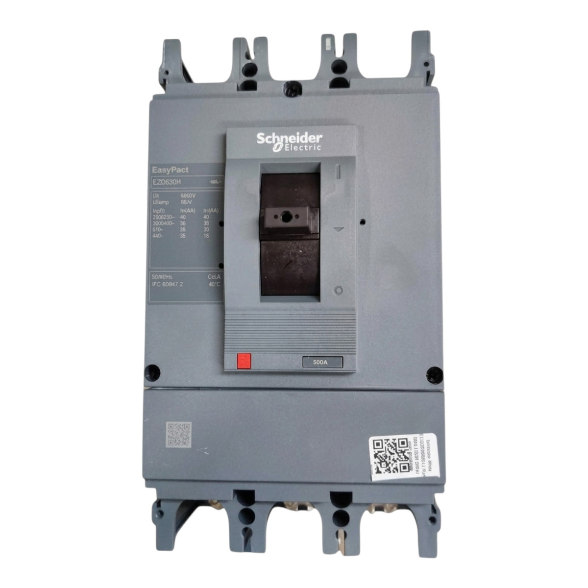 Schneider Electric EasyPak Compact 3200A molded circuit breaker in gray plastic with a front switch handle, terminal blocks, and a small red emergency stop button, shown on a white background.