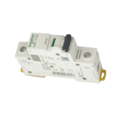 Schneider ICB60 C 20A modular circuit breaker with a white plastic housing, black lever handle, green Schneider logo, and yellow terminal caps, shown on a white background.