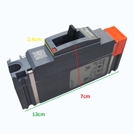 A gray industrial electronic module with an orange terminal block and black switch, shown on a white background with overlaid dimension lines and text reading 13cm, 7cm, and 2.4cm.
