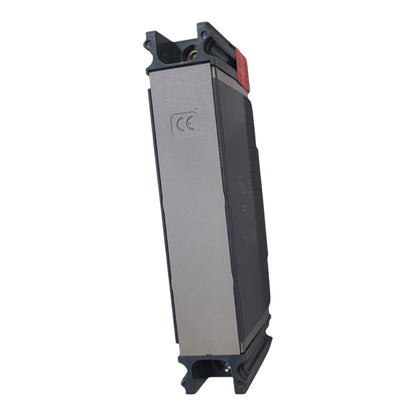 A rectangular industrial electronic module with a gray metallic front face, black plastic housing, and a small red tab on top, shown on a plain white background.