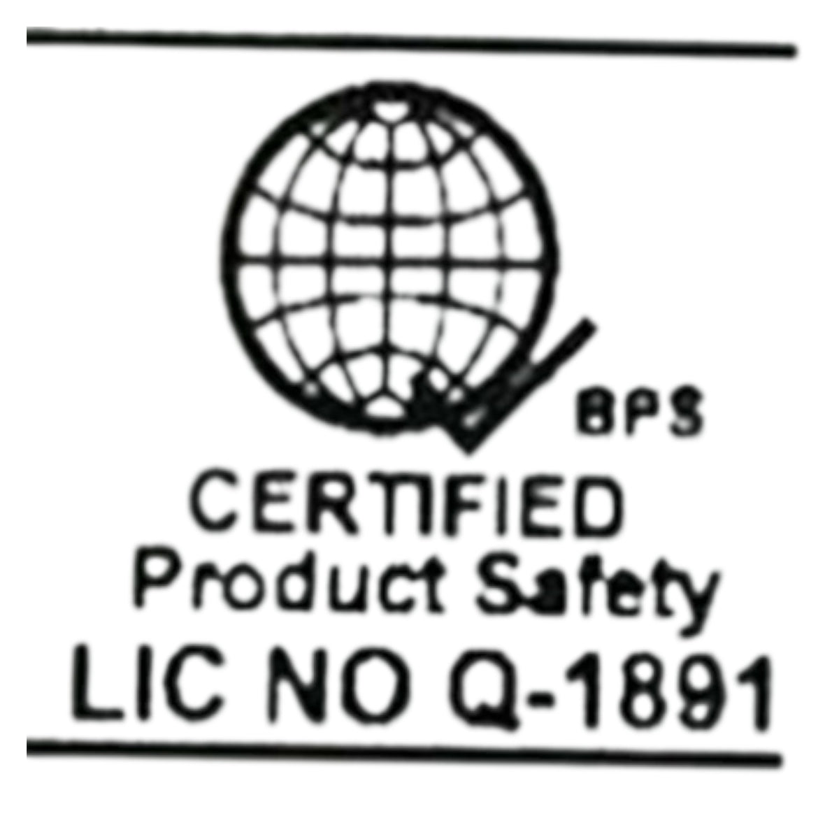 A black-and-white certification mark showing a globe icon, the text 'BPS', 'CERTIFIED Product Safety', and 'LIC NO Q-1891'.