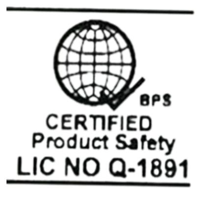 A black-and-white certification mark showing a globe icon, the text 'BPS', 'CERTIFIED Product Safety', and 'LIC NO Q-1891'.