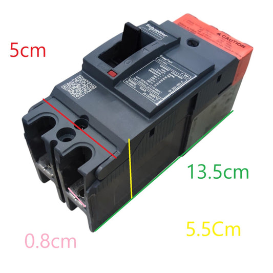 A black electrical circuit breaker with red and orange terminal caps, overlaid with red, green, yellow, and pink dimension lines and text showing measurements of 5cm, 13.5cm, 5.