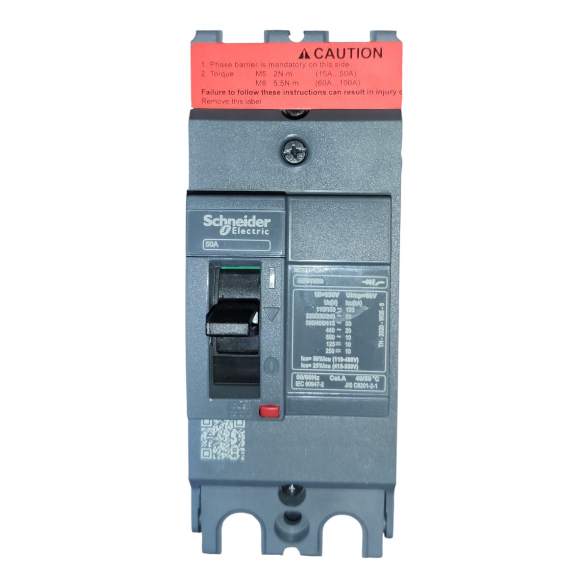 Schneider Electric 50A molded circuit breaker with a gray plastic housing, a red top warning label, and a black switch handle, shown on a plain white background.