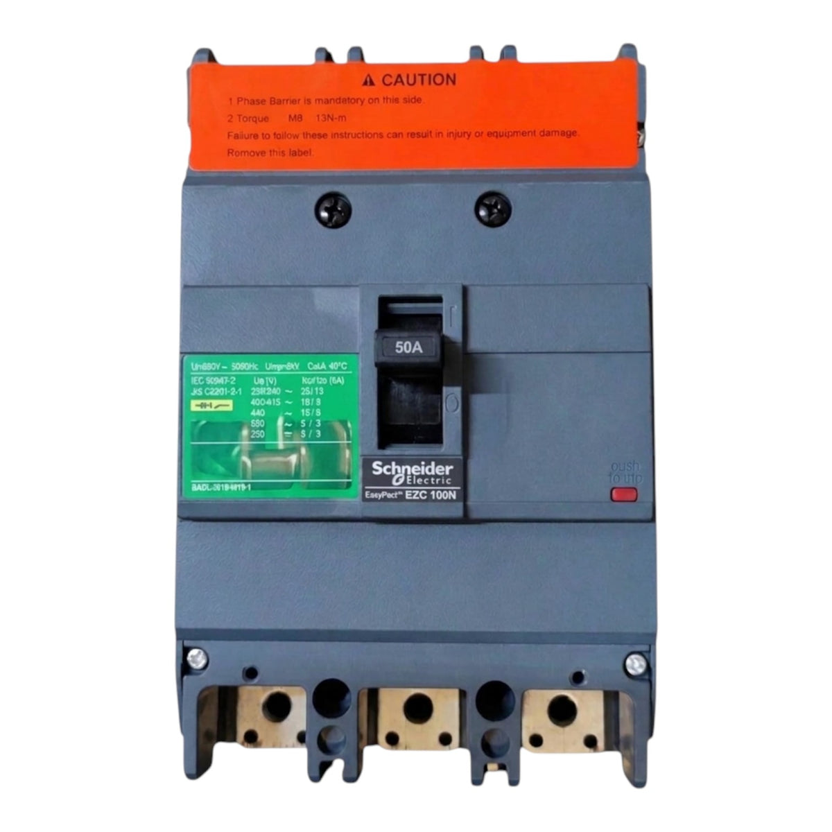 Schneider Electric EBD 100N circuit breaker with a dark gray plastic housing, an orange top handle cover, and a green technical specification label.