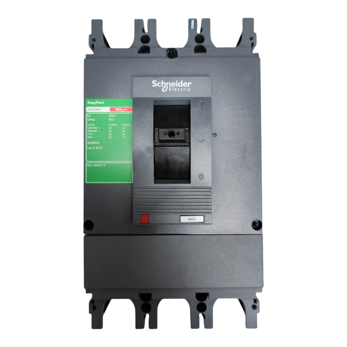 Schneider Electric EasyPart ELCB 32A 400V molded electronic circuit breaker, featuring a dark gray metal housing with a green and white technical specification label on the left side.