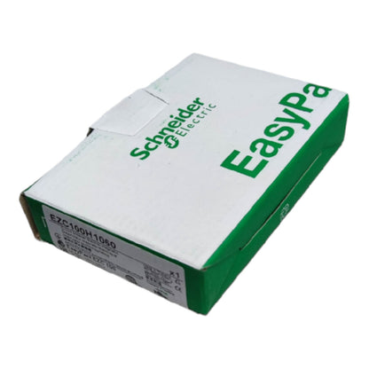 Schneider Electric EasyPad EZC100H1080 electrical component packaging box, featuring a white top with green Schneider Electric branding and a green side panel, isolated on a white background.
