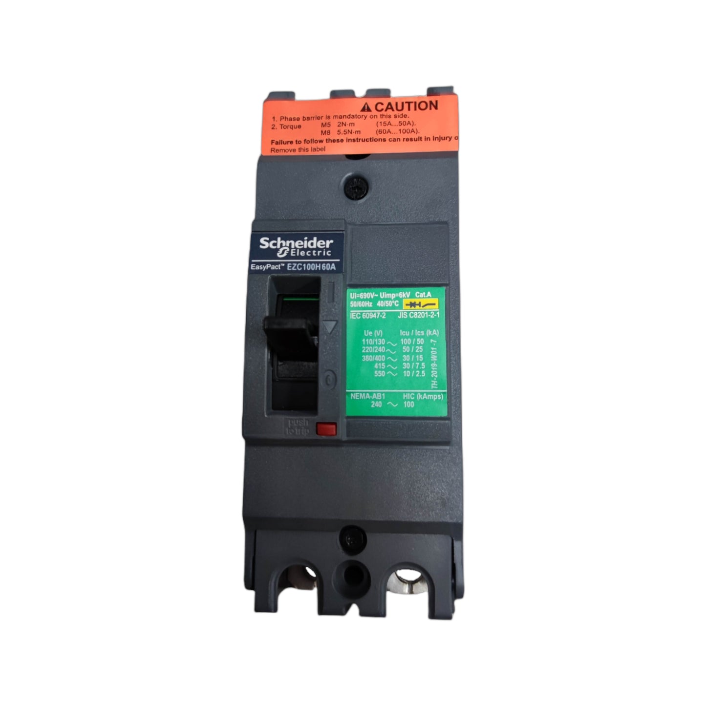 Schneider 60A 2 Pole Breaker Industrial Easy Pact, Single Phase Industrial Type 25KAIC 250V EZC100H2060 MCCB