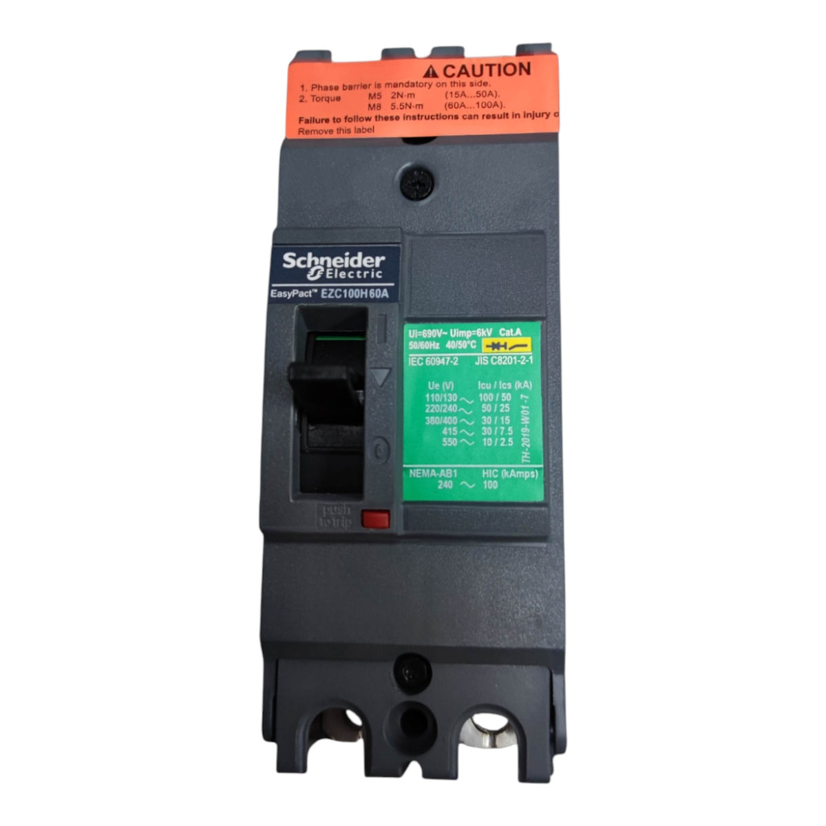 Schneider Electric EasyStart EEC1800H60A circuit breaker with a black plastic housing, orange top terminal cover, green technical specification label, and a front-mounted contact terminal.