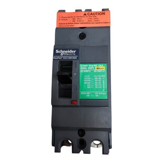 Schneider Electric EasyStart EEC1800H60A circuit breaker with a black plastic housing, orange top terminal cover, green technical specification label, and a front-mounted contact terminal.