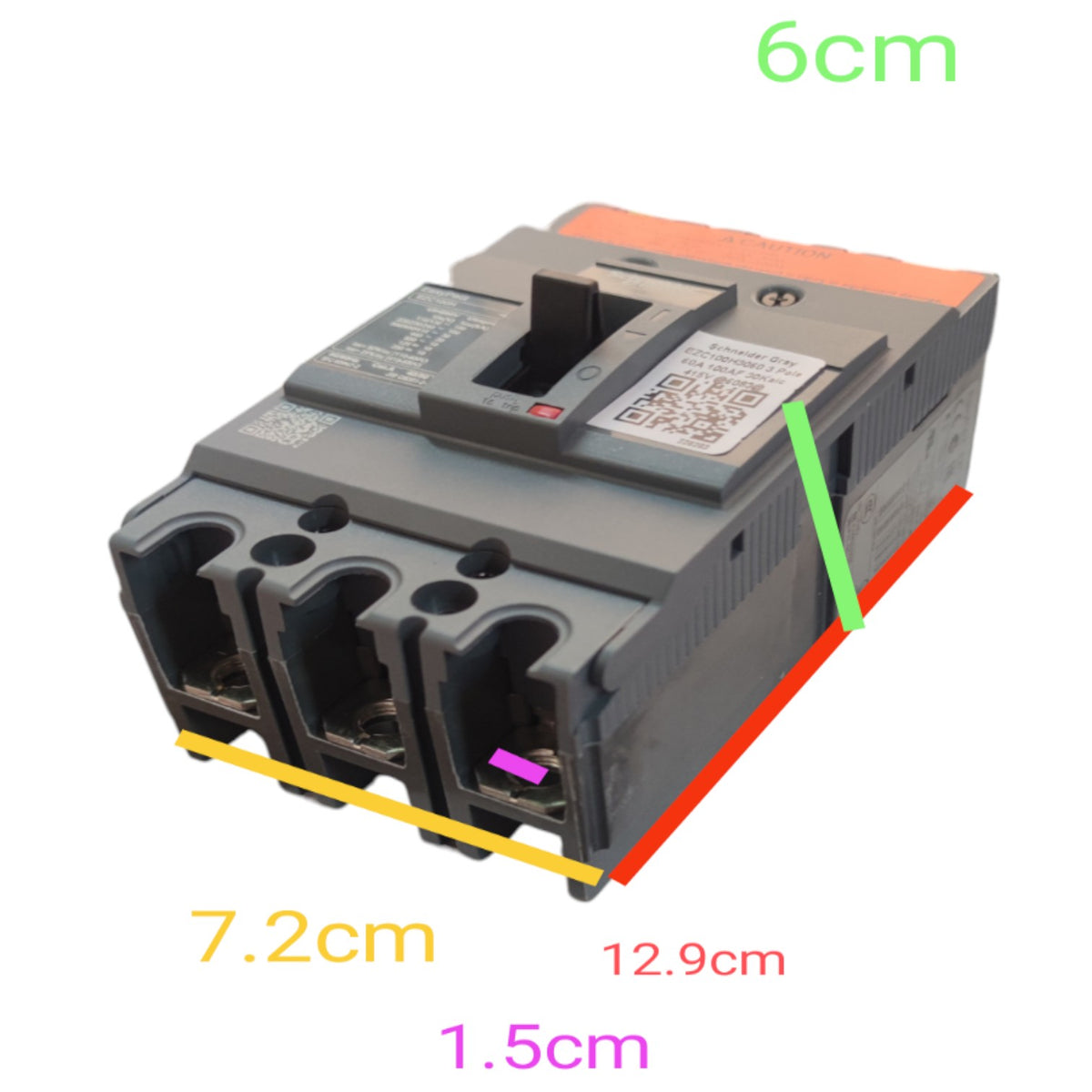 A gray electrical circuit breaker with overlaid dimension labels showing 6 cm height, 7.2 cm width, 12.