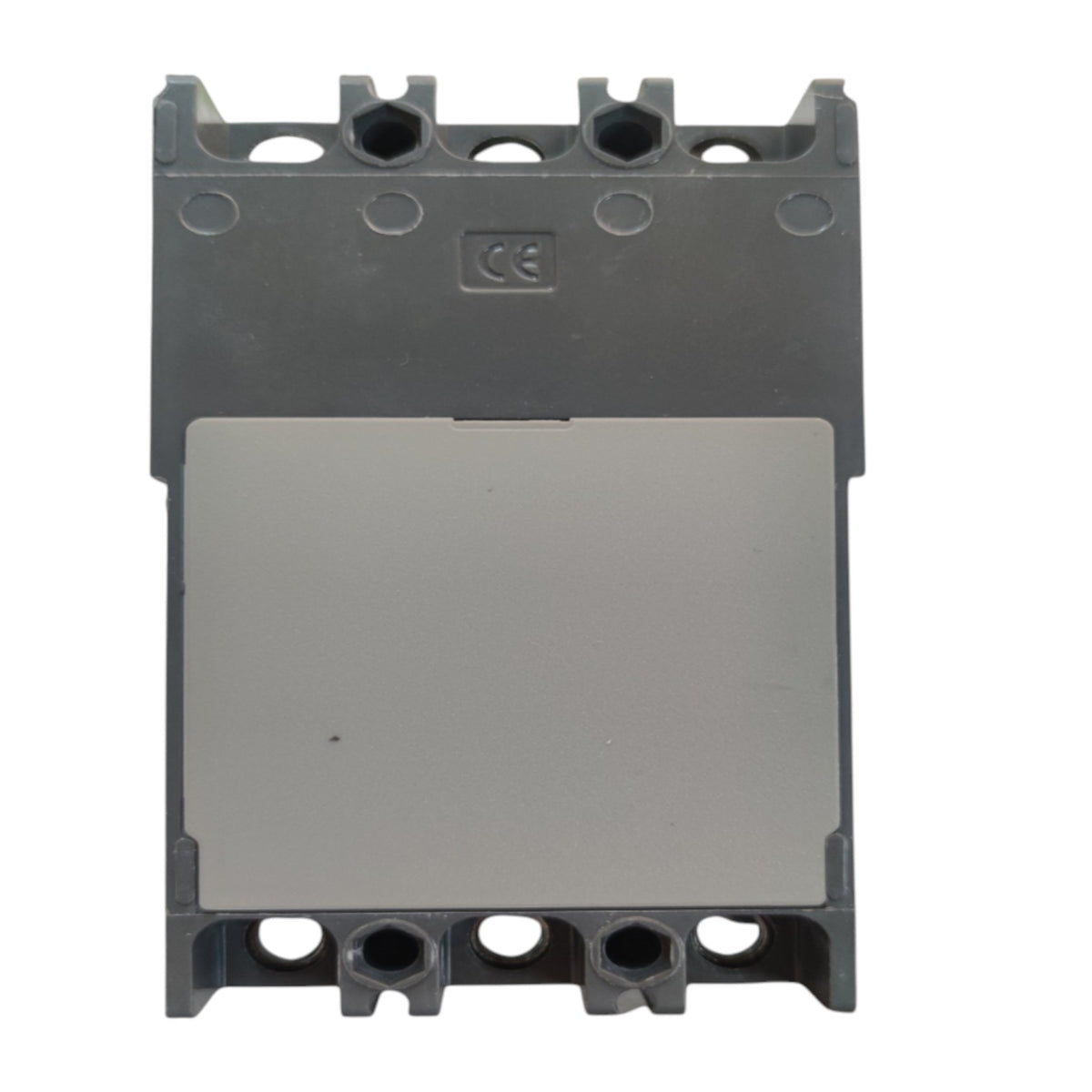 A dark gray plastic electrical terminal block or relay component with a flat metallic gray cover plate, featuring pre-drilled screw terminals and a CE mark, shown on a plain white background.