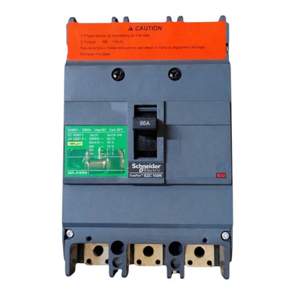 Schneider Electric EGD 100N modular circuit breaker in dark gray with an orange top cover, green technical label, and black switch, shown on a white background.