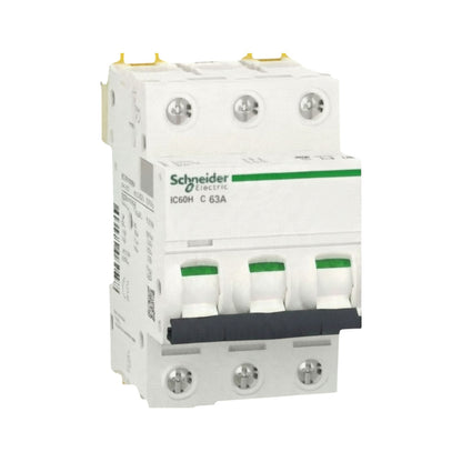 Schneider Electric industrial circuit breaker IC60H C 63A, white plastic housing with green accents, silver screw terminals, and a black pull handle, shown on a plain white background.