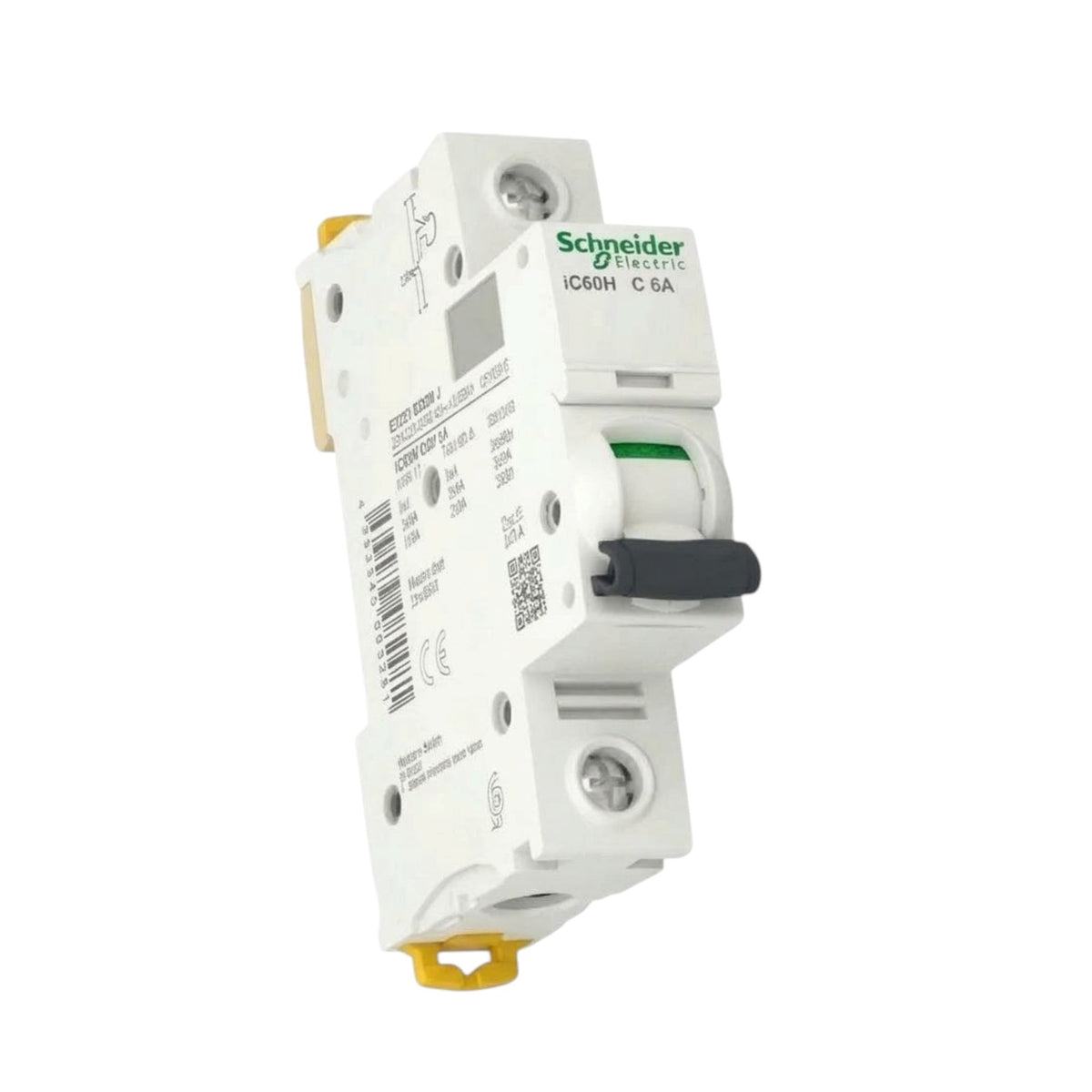 Schneider Electric Icoset IP406H C 6A modular circuit breaker, white plastic housing with a black switch handle and green brand logo, shown on a white background.