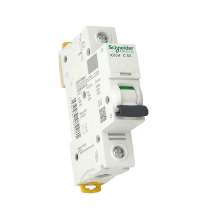 Schneider Electric Icoset IP406H C 6A modular circuit breaker, white plastic housing with a black switch handle and green brand logo, shown on a white background.