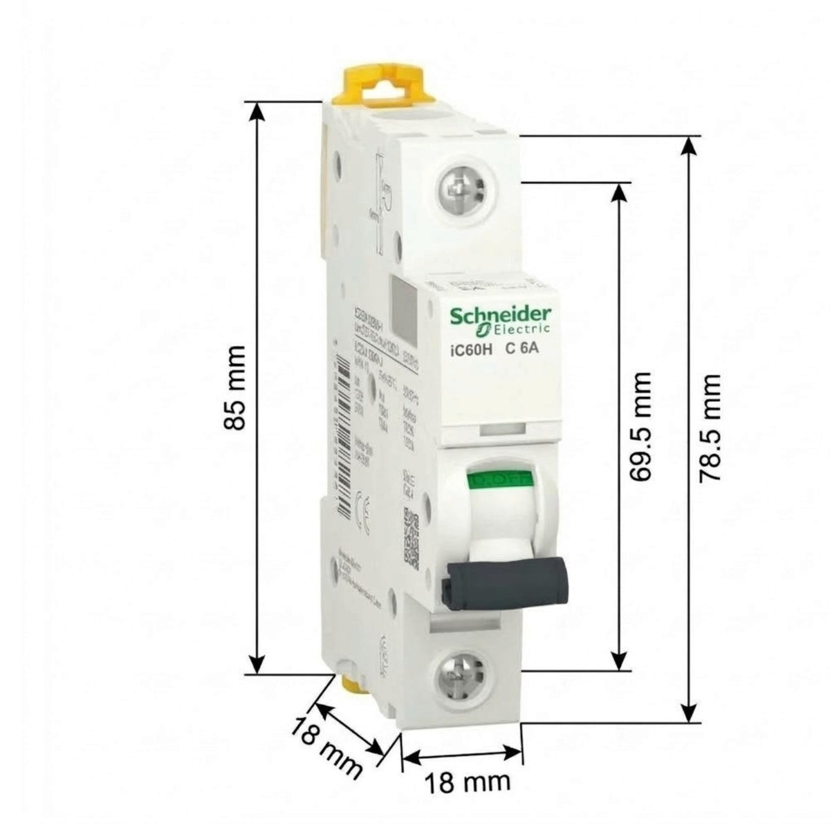 Schneider Electric ICG60H C6A circuit breaker with overlaid dimension lines and measurements (85 mm, 69.5 mm, 78.