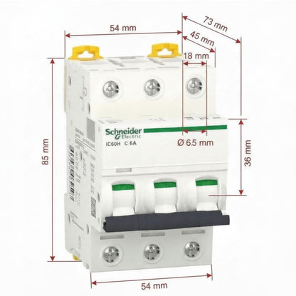 Schneider Electric IC60H C 6A modular circuit breaker with dimension annotations showing measurements in millimeters.