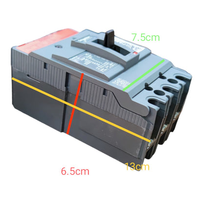 A gray electrical breaker or switch component shown on a white background with overlaid dimension lines and text reading 6.5cm, 7.