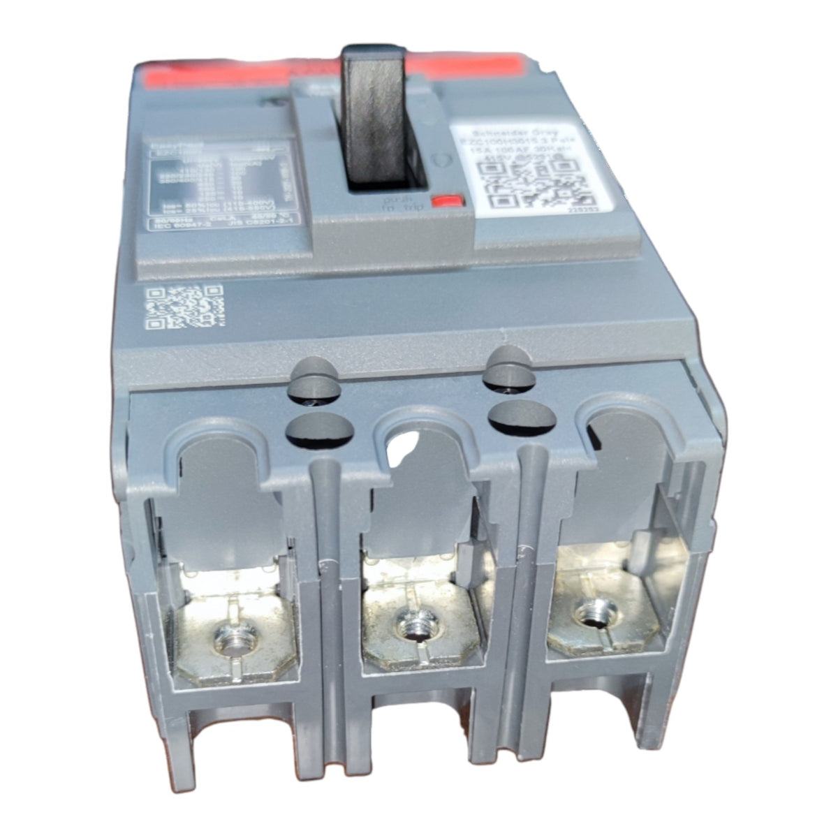 A three-terminal electrical circuit breaker with a gray plastic housing, metal terminals, a black switch handle, and a red top accent, shown on a plain white background.
