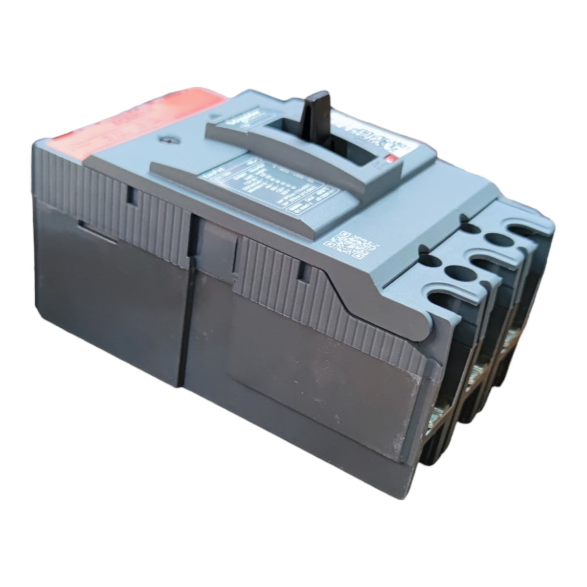 A gray electrical circuit breaker with a red top cover and a black toggle switch, shown on a plain white background.