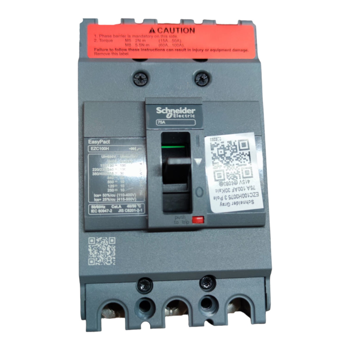 Schneider Electric EasyPid ELCB circuit breaker in dark gray with a red top label and a white QR code sticker on the front.