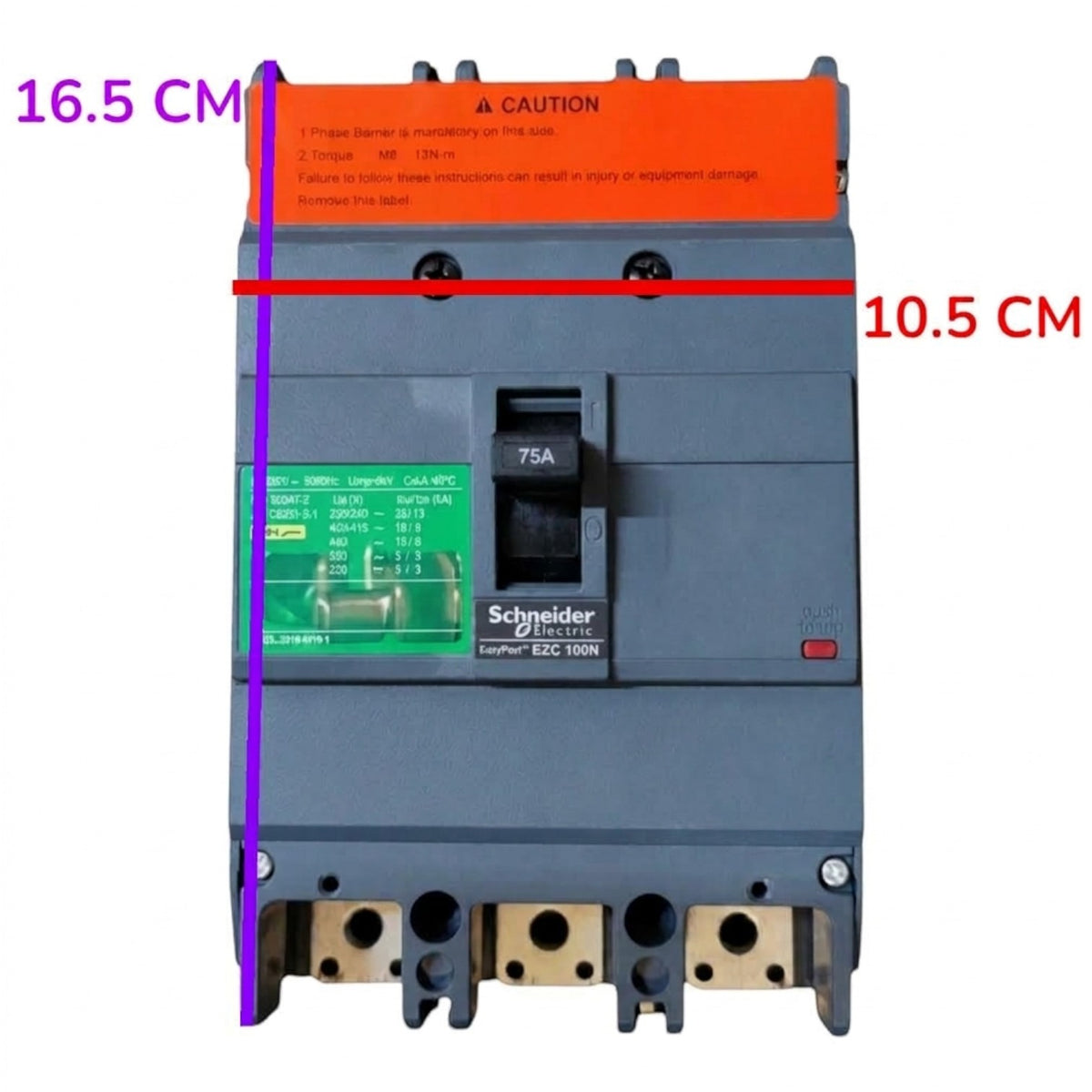 Schneider Electric ELC100N circuit breaker with dimension overlays showing 16.5 cm height and 10.