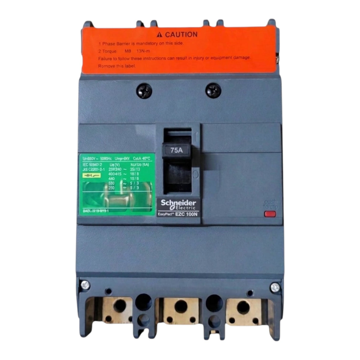 Schneider Electric ESD 100N circuit breaker with a gray plastic body, orange top protective cover, green technical specification label, and terminal blocks at the bottom, shown on a white background.
