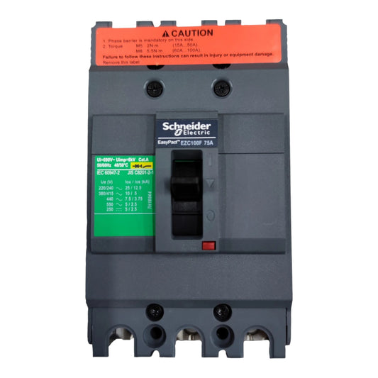 Schneider Electric Compact PCC60100F TIA AC 3200/380V 60A DC 480V battery tester module, featuring a dark gray plastic housing, an orange warning label at the top, and a green battery status label on the front.