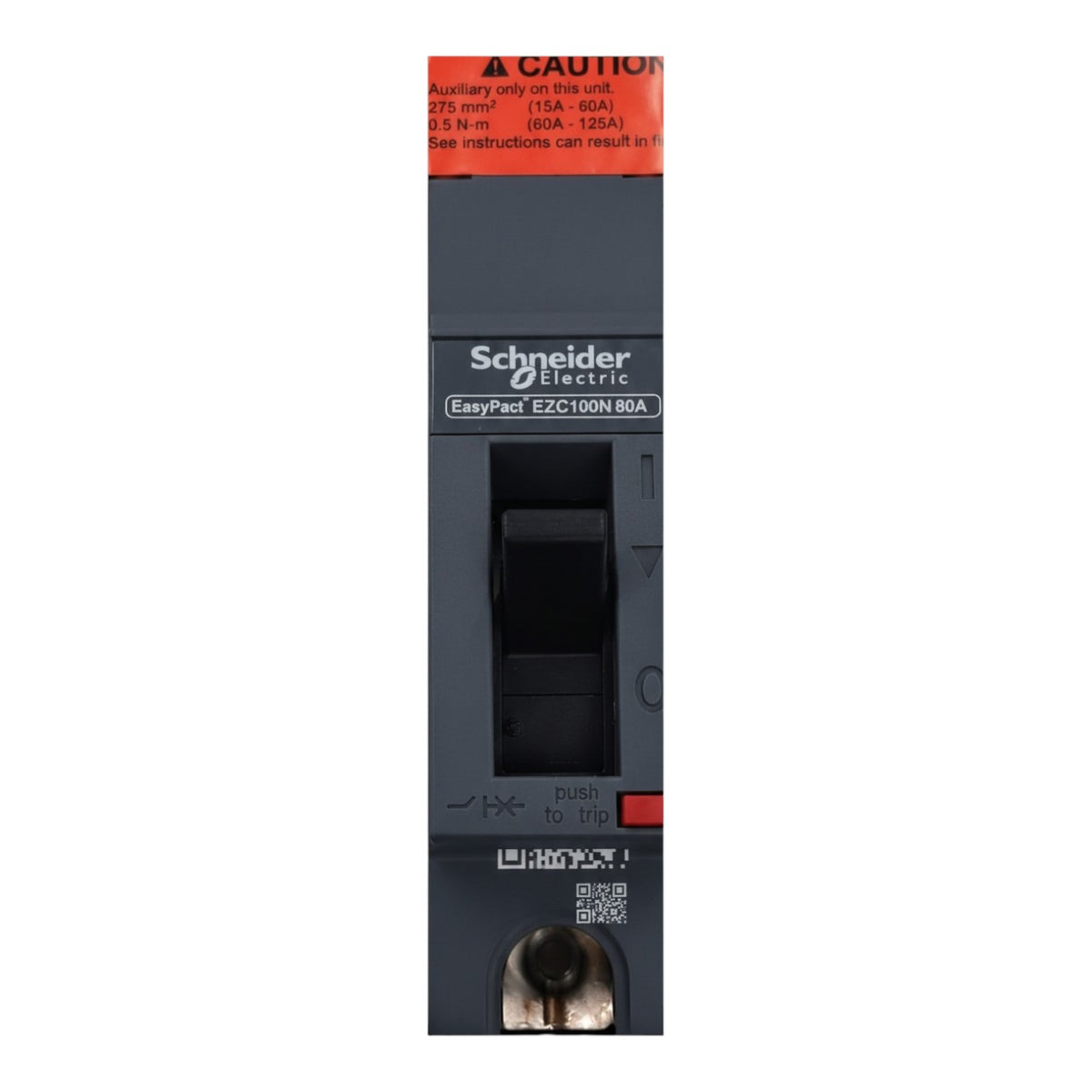 Schneider Electric EasyPart E2C100N 80A circuit breaker module with a dark gray body, orange warning label, black switch, and red trip button on a white background.