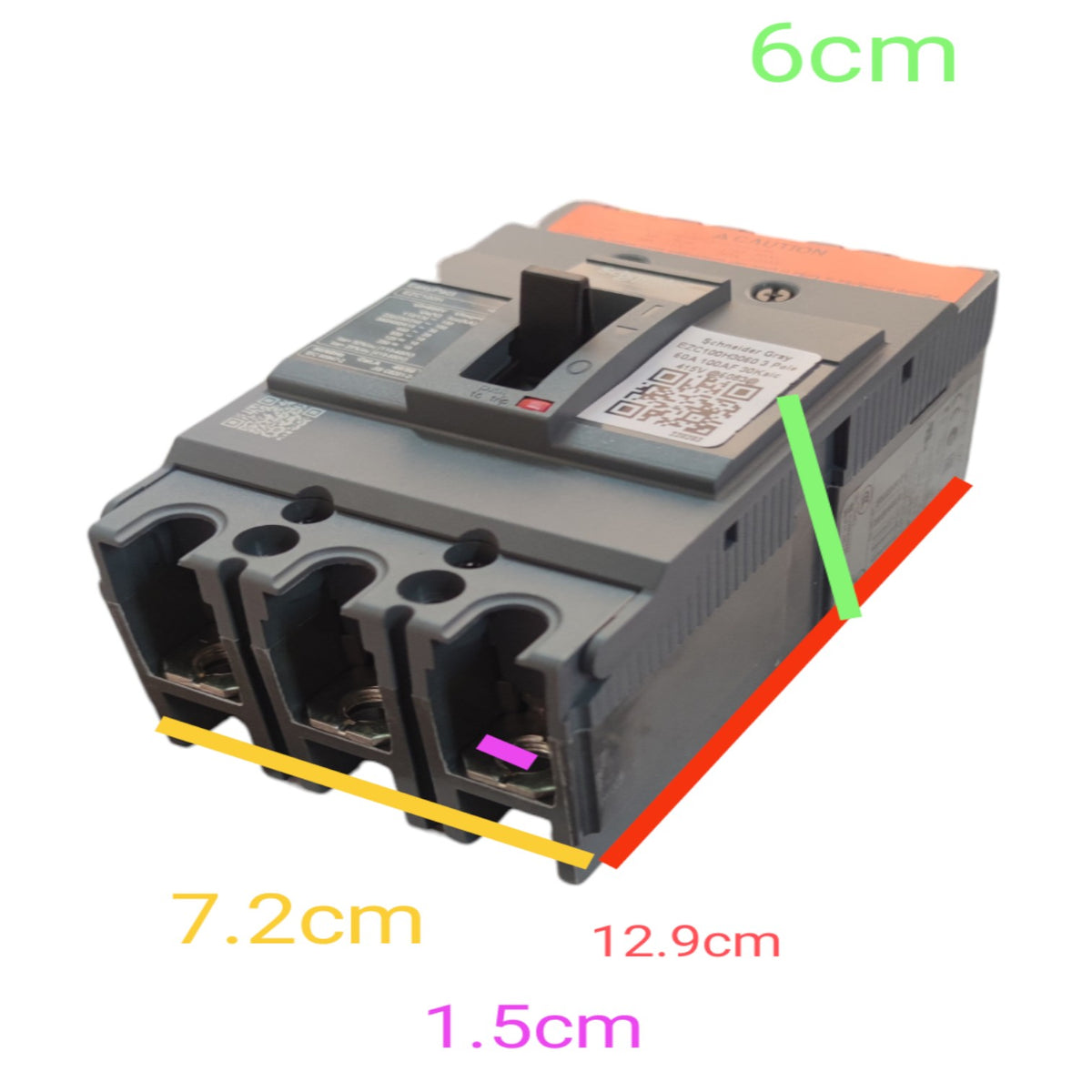 A gray electrical breaker or fuse component shown on a white background with overlaid dimension lines and text indicating 6 cm height, 7.2 cm width, 12.