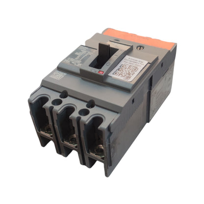 A molded electronic circuit breaker with a gray plastic housing, featuring three front terminal clips and an orange-colored top terminal cover, shown on a plain white background.