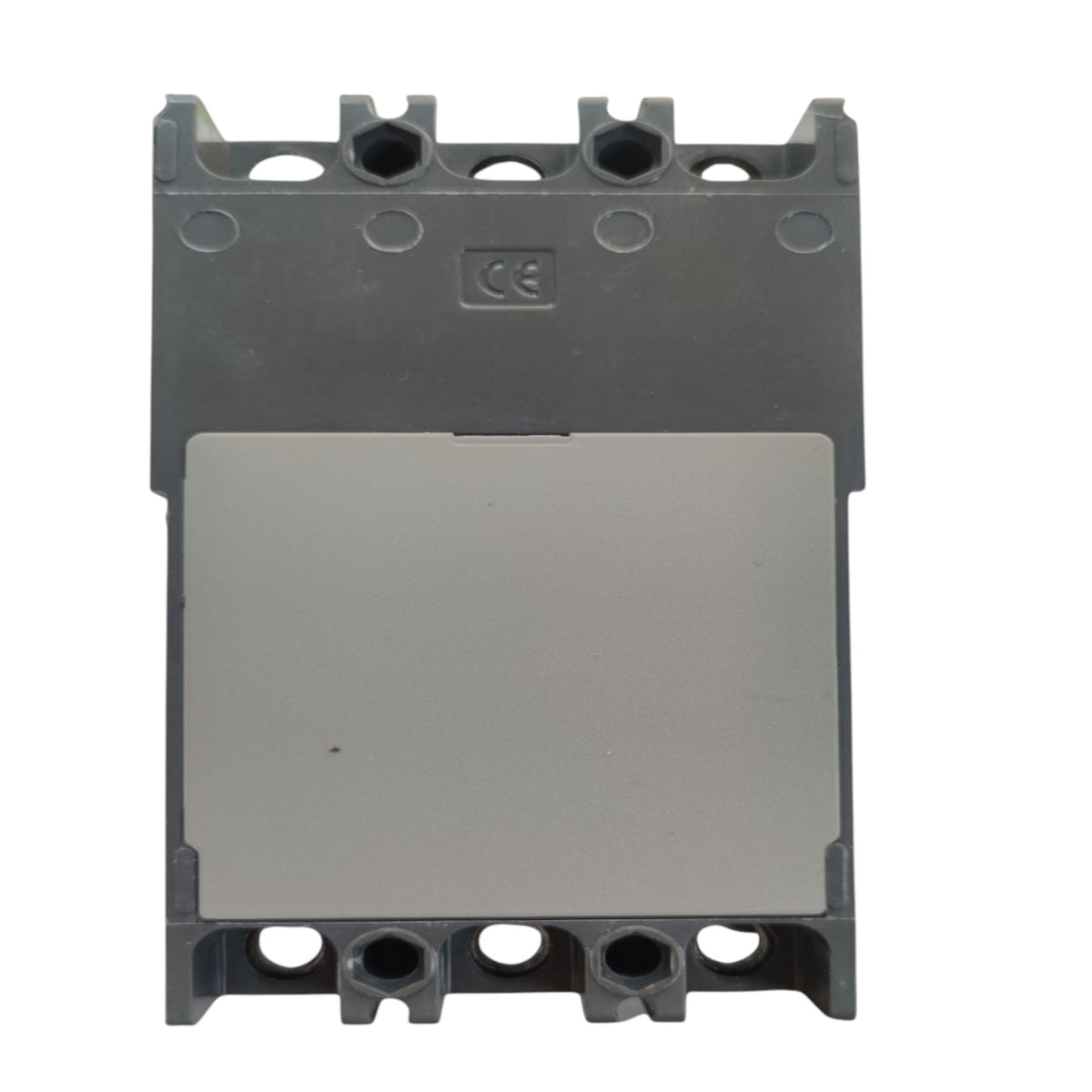 A dark gray electrical contactor or relay component with a metallic silver central plate, photographed against a solid white background.