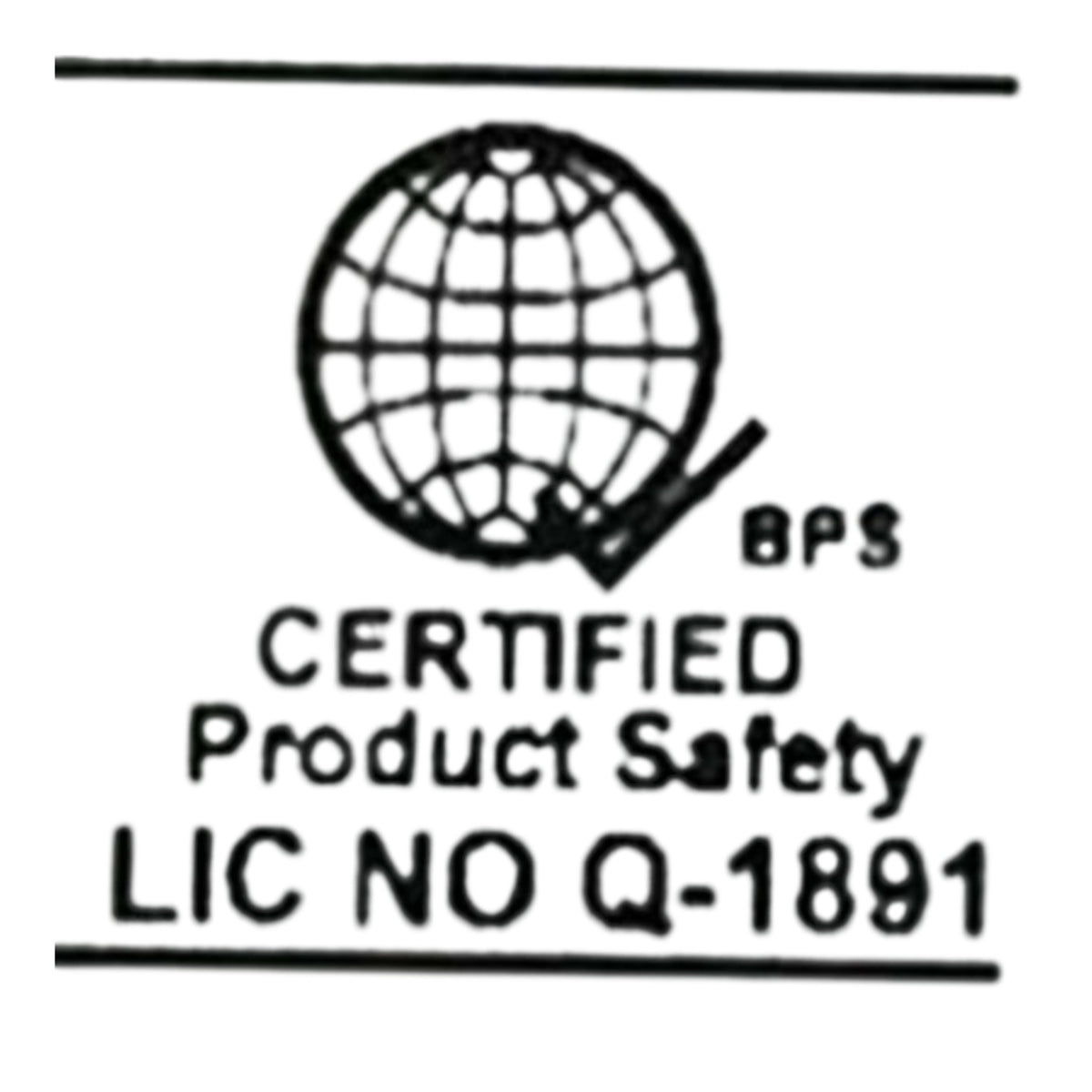 A black-and-white certification mark showing a globe icon, the text 'BPS', 'CERTIFIED Product Safety', and 'LIC NO Q-1891'.