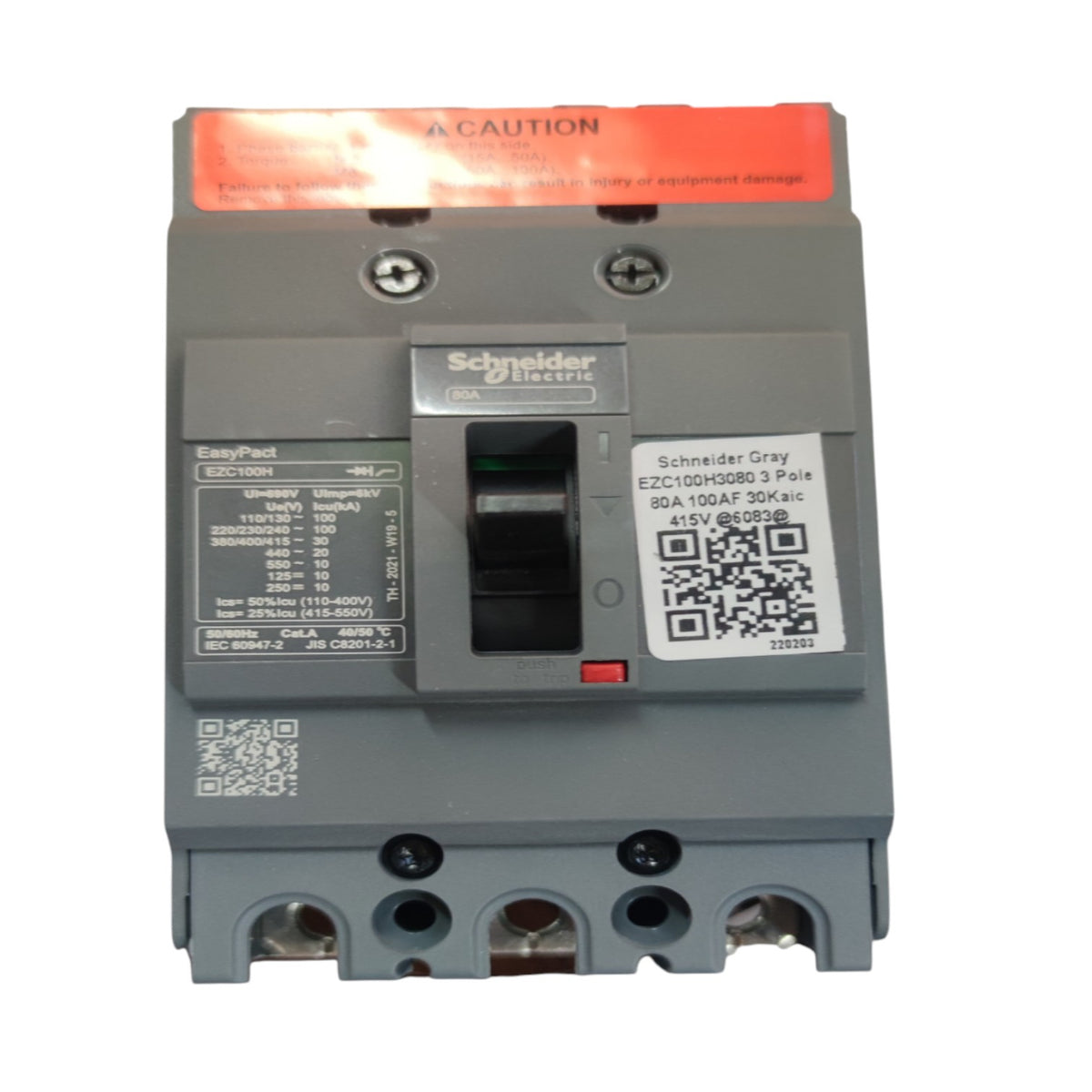 Schneider Electric EasyPart E2C100H080 3 Pile 80A 150AF 30kA AC 415V circuit breaker, gray plastic housing with an orange caution label and white product stickers.