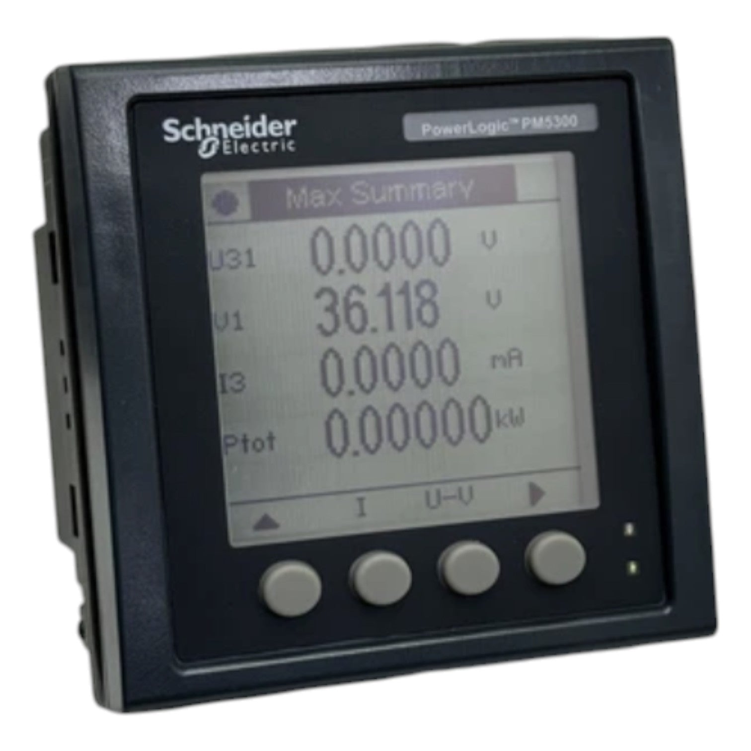 Schneider Electric power meter with digital display on a white background