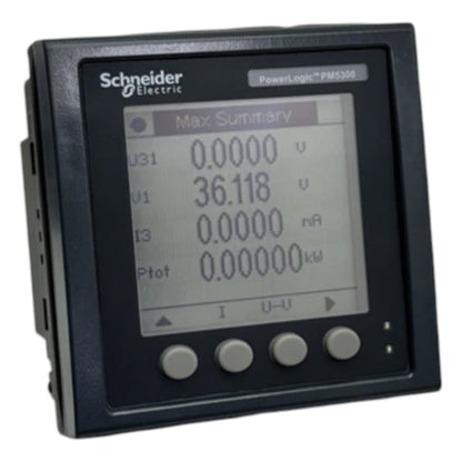 Schneider Electric power meter with digital display on a white background