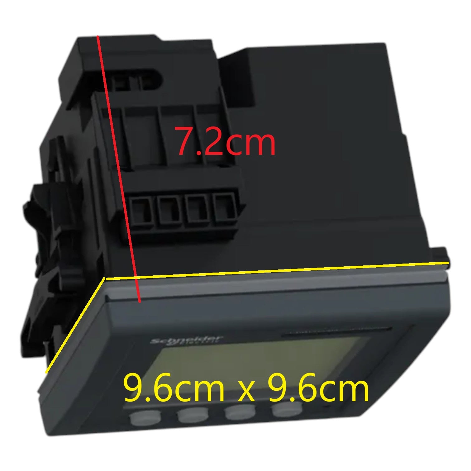 Black electronic device with measurements indicated on a white background
