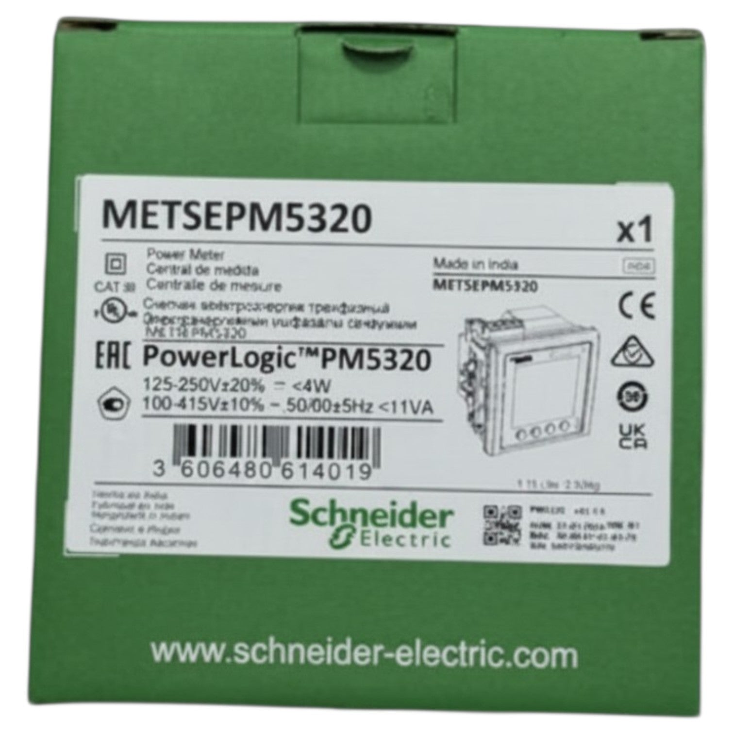 Green packaging of Schneider Electric PowerLogic PM5320 power meter with label on a white background
