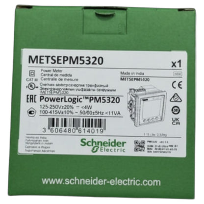 Green packaging of Schneider Electric PowerLogic PM5320 power meter with label on a white background